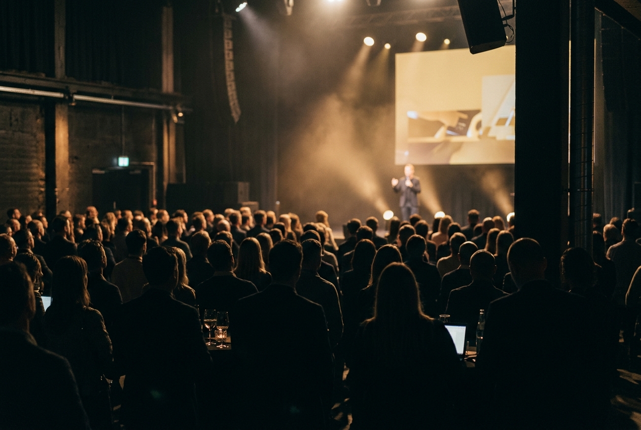 Publik i silhuett framför en upplyst scen under en kick-off
